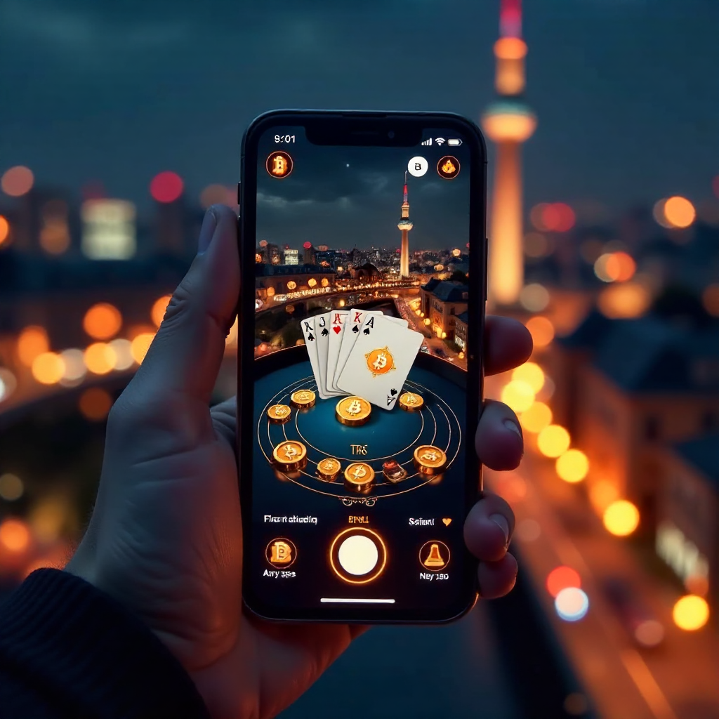 A hand holding a luxury smartphone displaying a high-tech Bitcoin poker app interface with glowing orange and gold accents, background is the Berlin skyline with the TV Tower (Fernsehturm) at night, 3D golden Bitcoin coins and a Royal Flush of playing car
